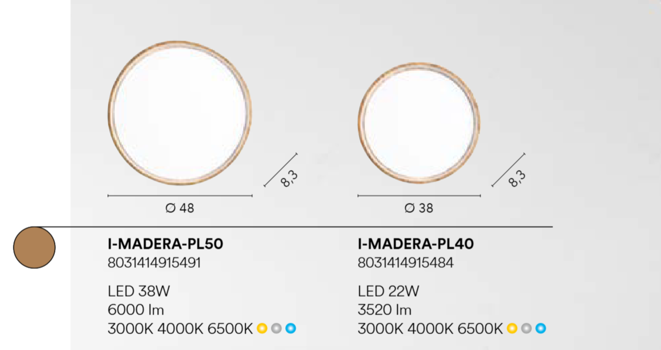 Plafoniera LED in metallo e acrilico effetto legno due dimensioni CCT MADERA Plafoniera LED in metallo e acrilico effetto legno due dimensioni CCT MADERA